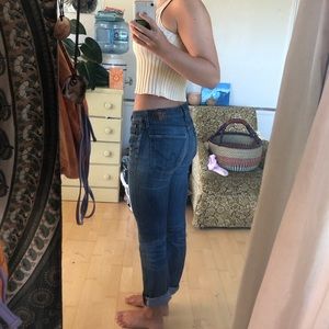 Medium rise straight leg dark blue jeans stretchy